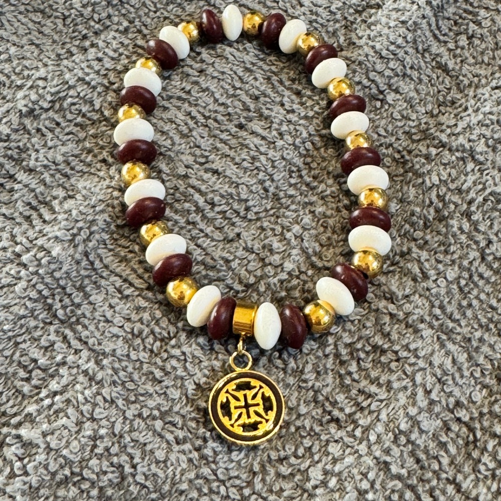 Rustic Cuff Burgundy, White & Gold Beaded Bracelet with Gold Charm